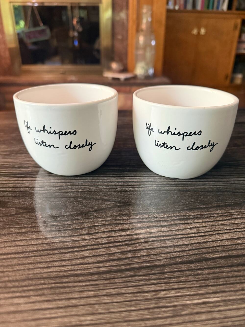Set of 2 White Ceramic Planters "Life Whispers Listen Closely" Minimalist